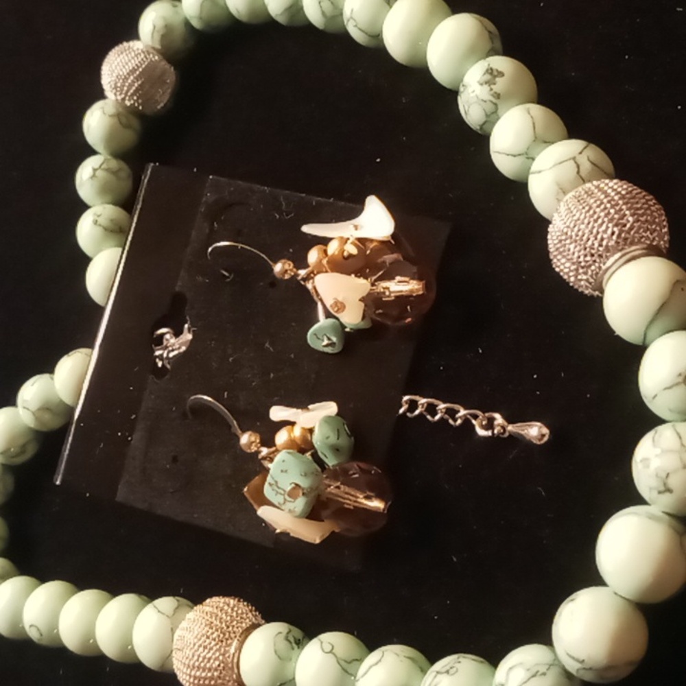 Turquoise howlite necklace on silk string 18 inches long nwot with earrings